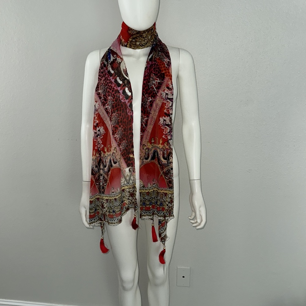 CAMILLA *Artesania Mania* bold red silk scarf belt top shawl headband wrap top - Picture 5 of 8